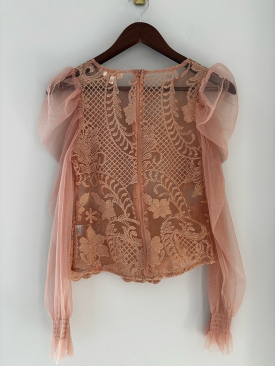 Peach Lace Mesh Puff Sleeve Crop Top Romantic Coquette Sheer Blouse S - Picture 15 of 15
